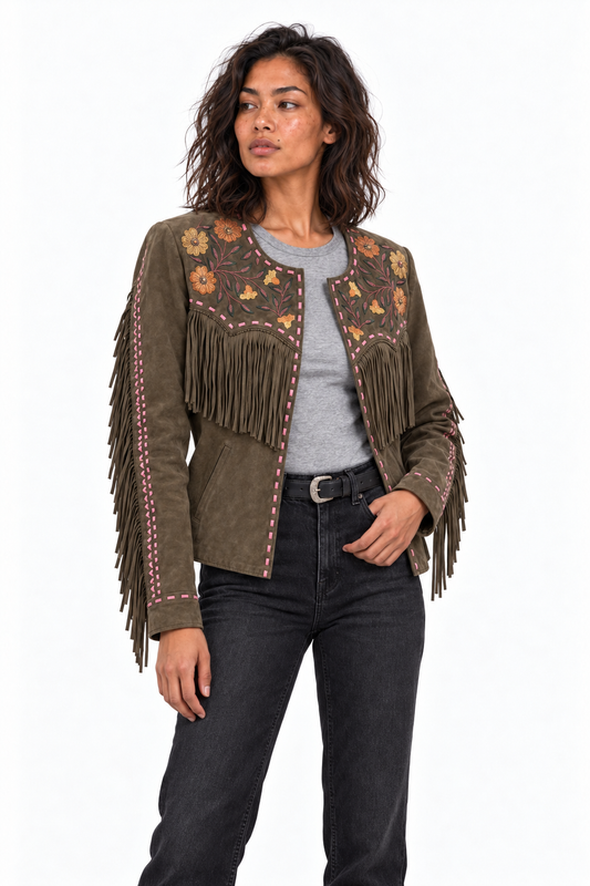 Floral Fringe Suede Jacket